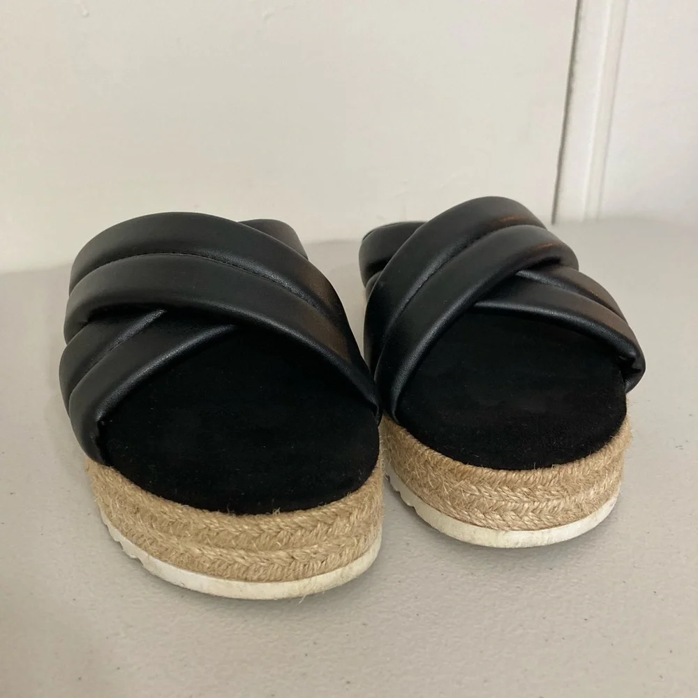 Olivia Miller Women's Black Faux Leather River Platform Slides Sandals